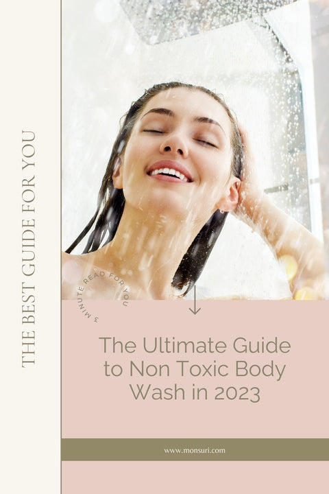 Shower scene showcasing Monsuri's non-toxic body care range.
