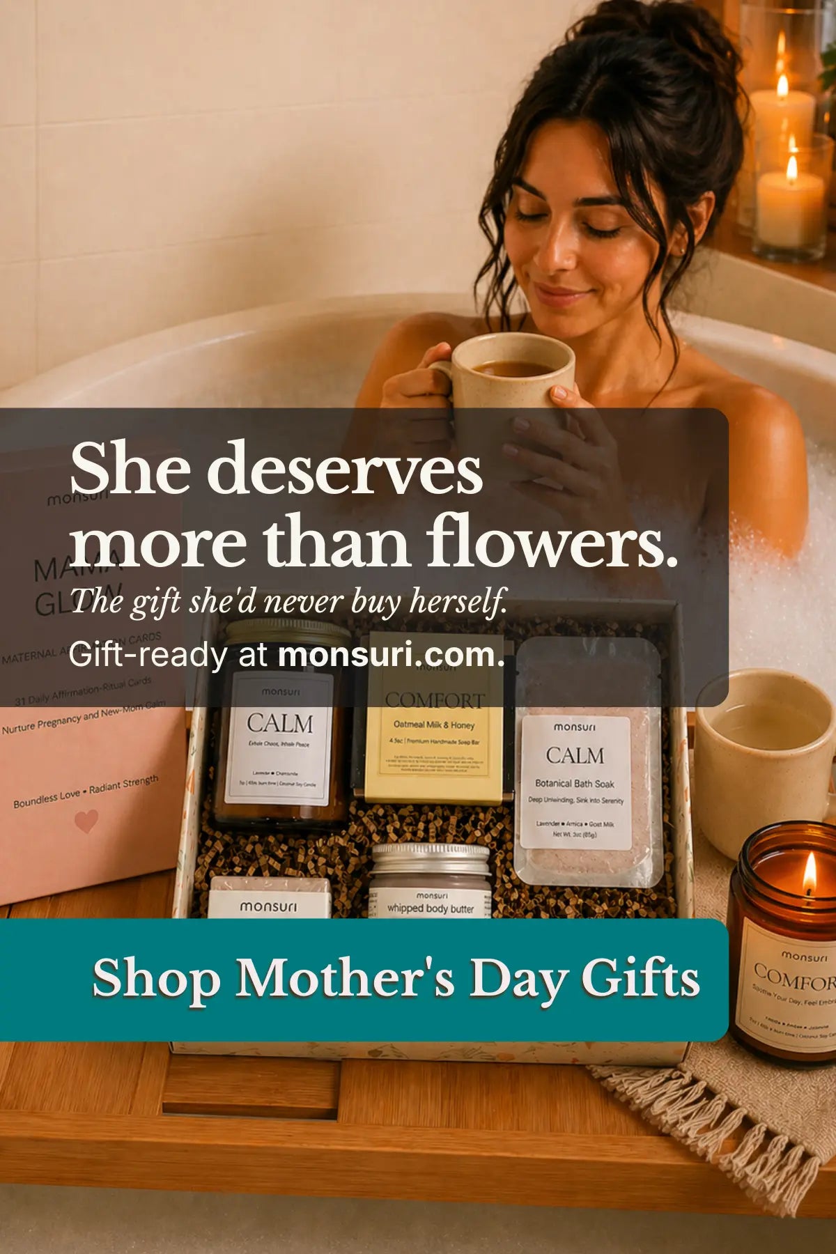 Mother's Day gift for wife — woman relaxing with Monsuri self-care bath set and candle lit on bamboo tray