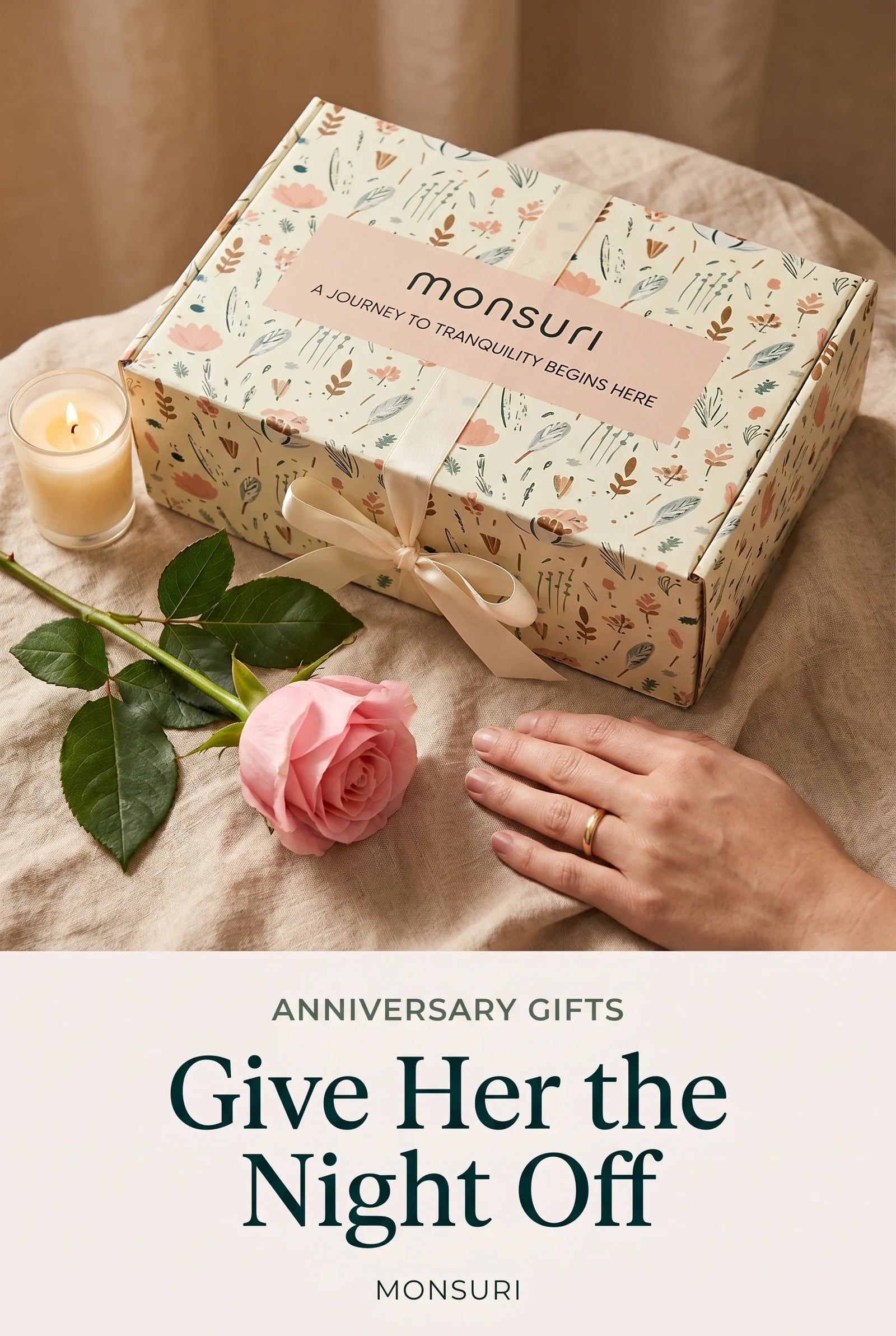 Anniversary Gifts for Her: Give Her the Night Off — the Monsuri botanical gift box and a rose on linen