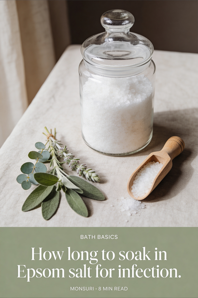 How long to soak in Epsom salt for infection — editorial magazine cover with a clear glass jar of Epsom salt, wooden scoop, sage and eucalyptus on linen, with the article title and BATH BASICS eyebrow on a sage-green band below.