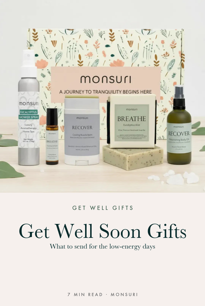Get well soon gifts — the Monsuri Get Well Soon gift set (eucalyptus shower spray, soap, body oil, balm, roller) in its floral gift box, on-brand cover for the get-well gifts guide.