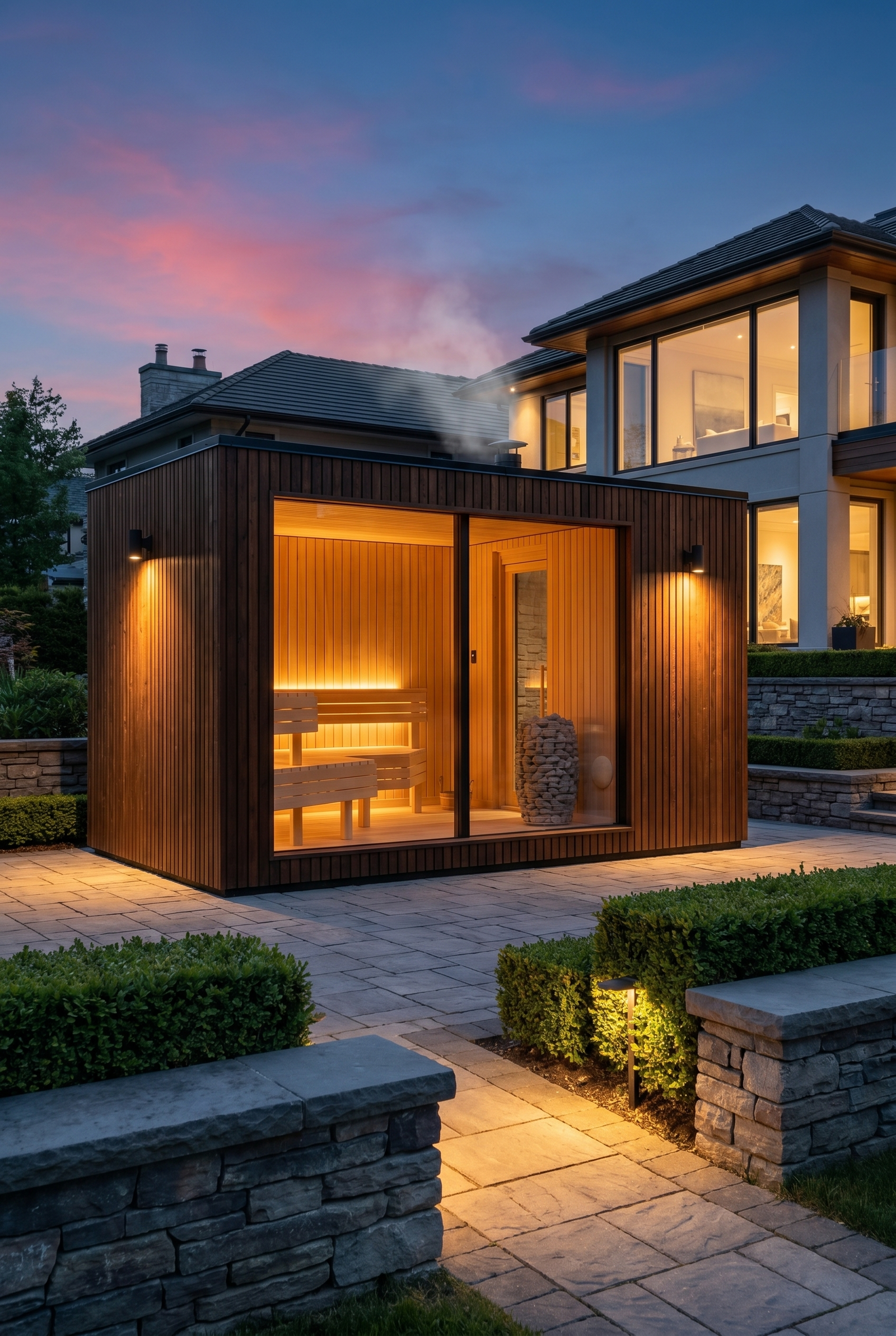 NOOK Cabin Sauna in an upscale residential backyard at golden hour twilight, panoramic glass window glowing warm, Thermowood exterior, stone patio with landscaped boxwood hedges — Monsuri home sauna ritual cover