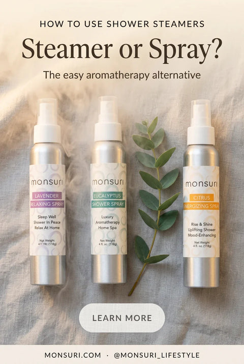 How to use shower steamers — Monsuri shower aromatherapy guide cover.