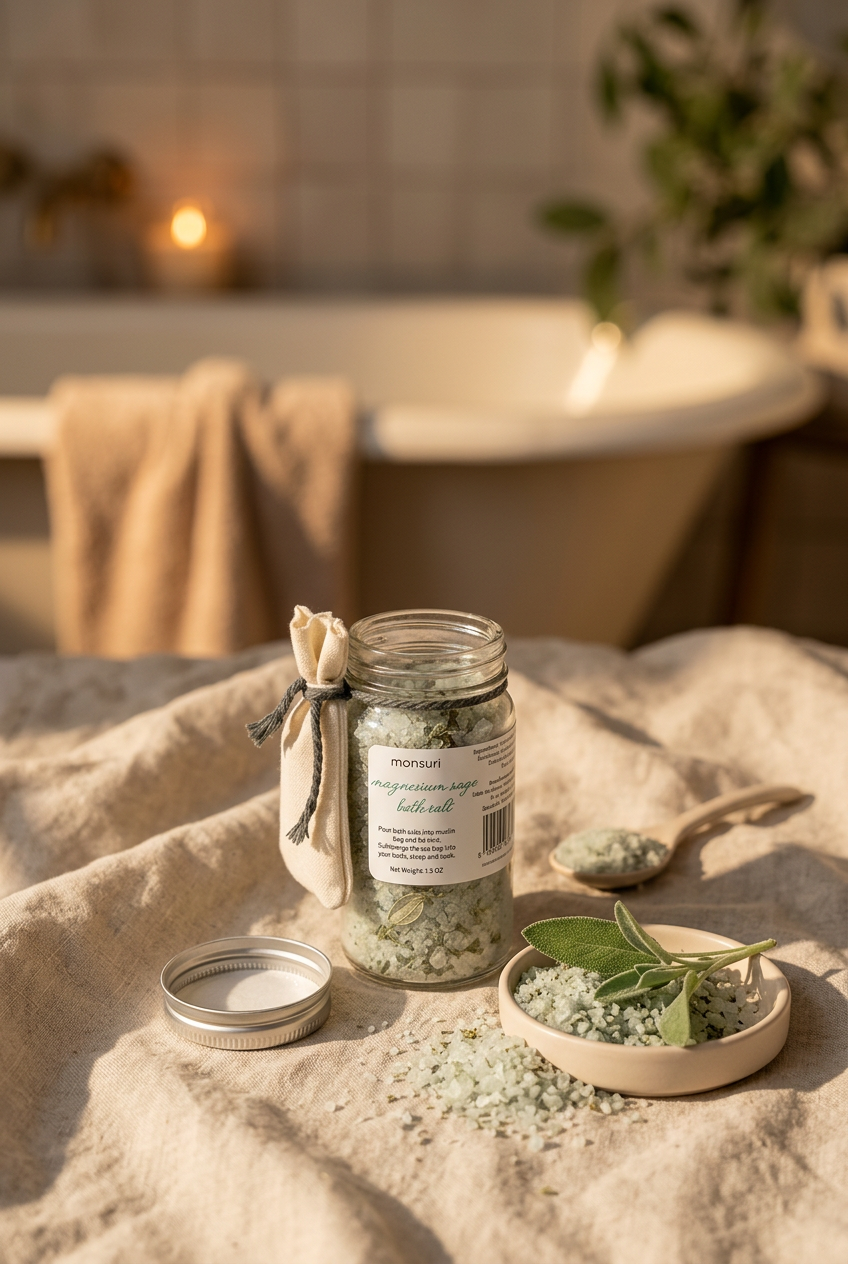 Monsuri Magnesium & Sage Bath Salts styled on linen with sage — the cover for a guide to magnesium bath benefits.