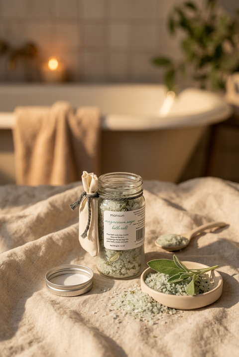 Monsuri Magnesium & Sage Bath Salts styled on linen with sage — the cover for a guide to magnesium bath benefits.