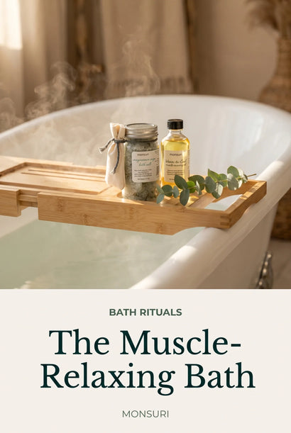 The Muscle-Relaxing Bath — a steaming tub with a bamboo tray of Monsuri magnesium sage salts and recovery oil, the cover for a sore-muscle bath guide.