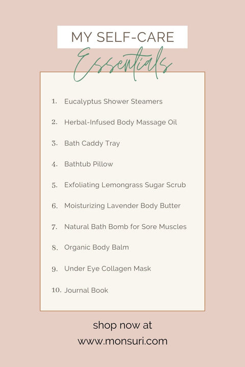 Self-care routine essentials — a bath tray, candle and body care styled together, the cover for 10 self-care routine ideas for a balanced life.