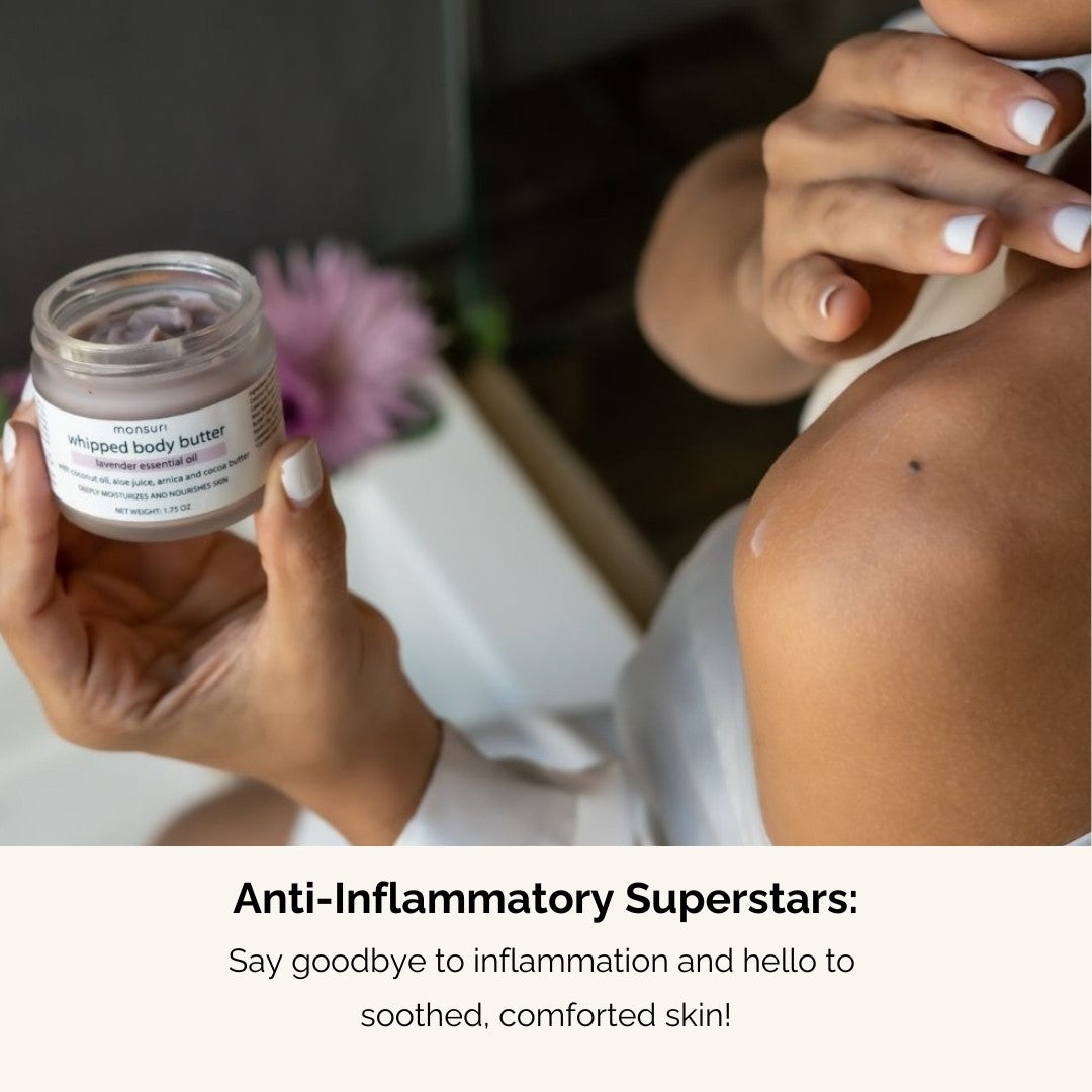 Infographic demonstrating the anti-inflammatory superstars used in Monsuri's Lavender Body Butter