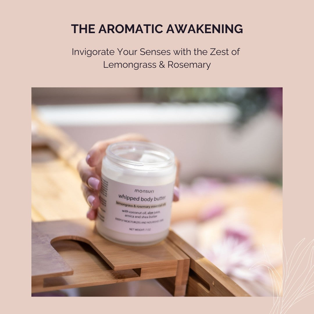 Infographic showcasing the invigorating aroma feature of Monsuri's Lemongrass Rosemary Body Butter.