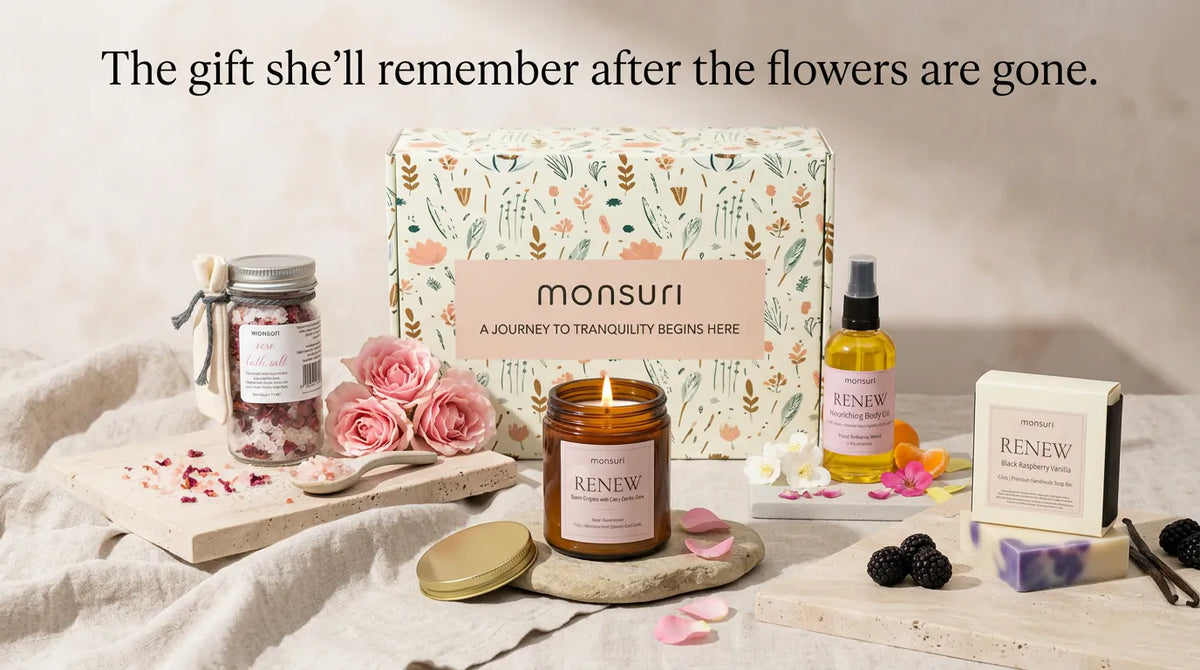 The gift she will remember after the flowers are gone - the romantic spa gift set with fresh roses, rose bath salts, lit candle, nourishing body oil and black raspberry vanilla soap