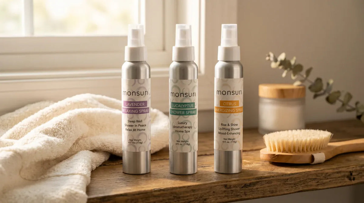 The three Monsuri shower sprays lined along a wooden shelf in window light with a folded towel, a dry brush and a eucalyptus stem