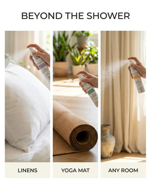 Beyond the shower - the Monsuri aromatherapy sprays used on linens, on a yoga mat and in any room