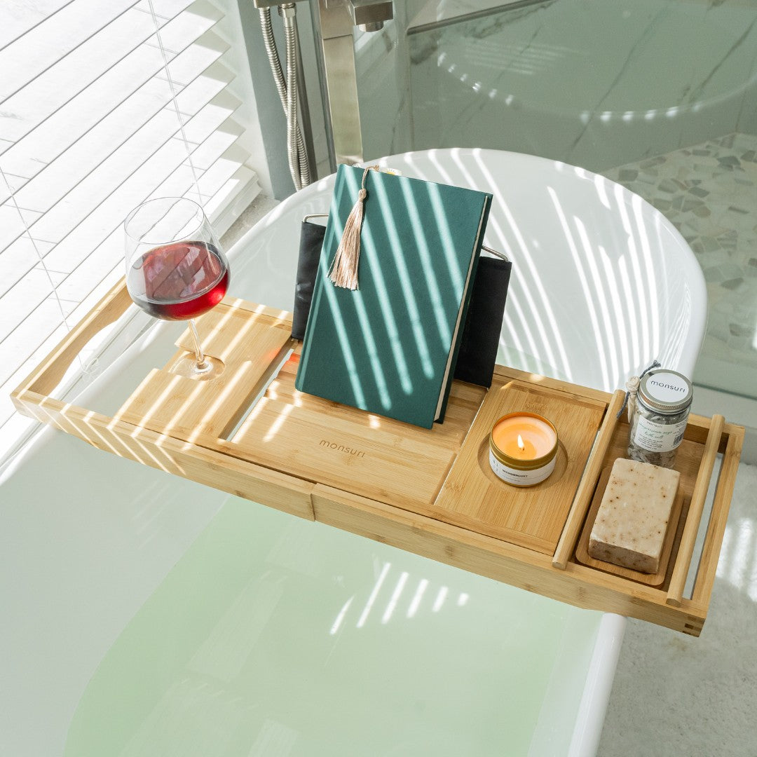 Monsuri Bath Caddy - Enhancing Your Bathing Ritual with a Wine Glass Holder and Book Stand