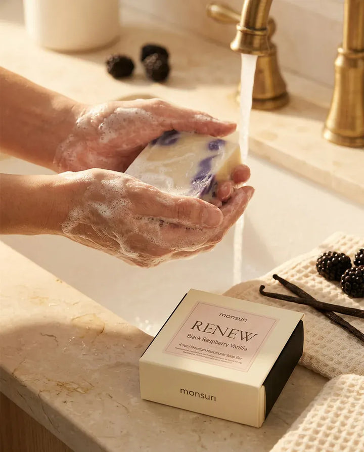 Hands lathering the Black Raspberry Vanilla soap bar under a faucet — natural handmade soap bar in use