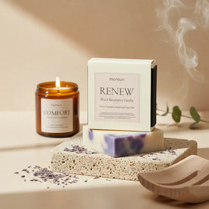 Handmade black raspberry vanilla soap bar showing natural ingredients - gentle cleansing with coconut oil shea butter olive oil base.