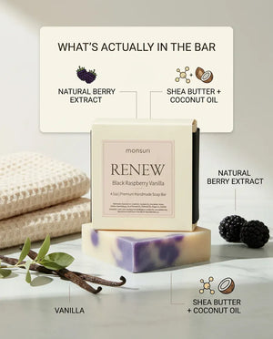 What's in the Black Raspberry Vanilla soap bar: natural berry extract, shea butter, coconut oil and vanilla