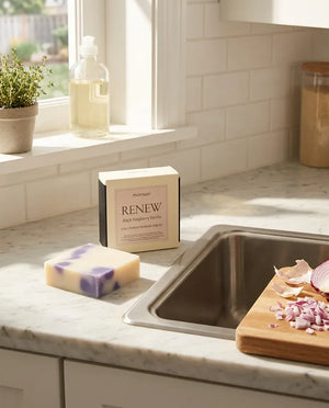 Black Raspberry Vanilla natural soap bar and box on a sunlit marble kitchen counter — Monsuri handmade soap bar