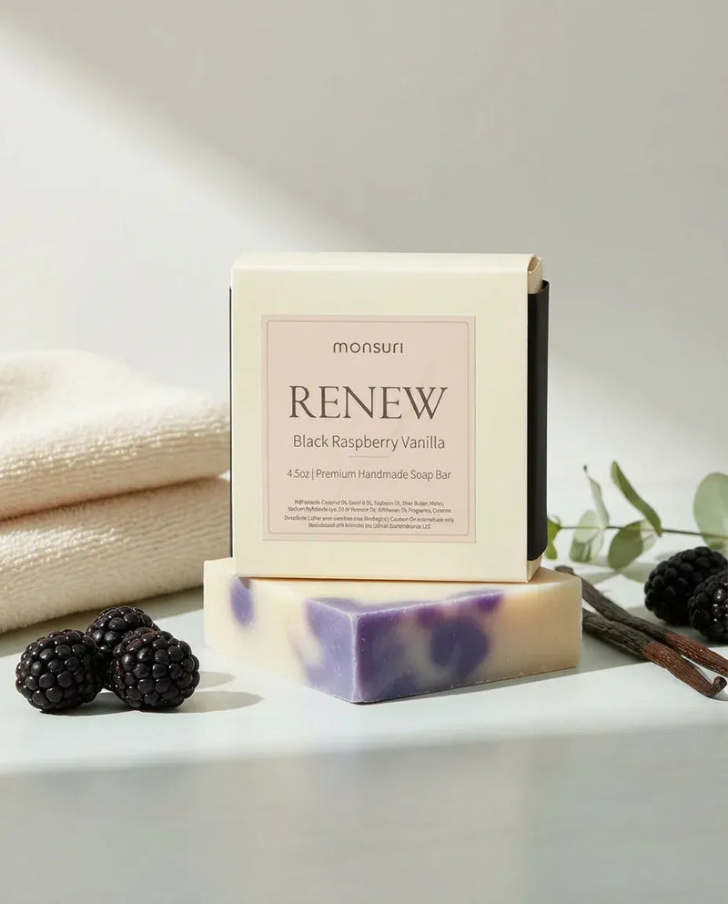 Black Raspberry Vanilla soap box and bar with blackberries, vanilla and eucalyptus — natural handmade soap bar