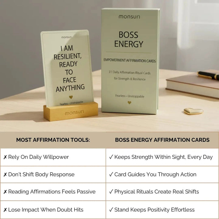 Boss Energy affirmation cards fanned out to show the four theme categories