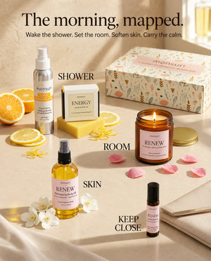 The morning, mapped - wake the shower with the citrus spray, set the room with the rose sandalwood candle, soften skin with the body oil and carry the calm in the essential oil roller