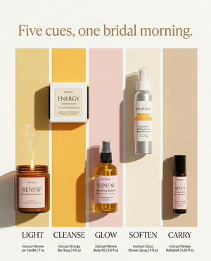 Five cues, one bridal morning - light the candle, cleanse with the lemon zest soap, glow with the body oil, soften with the citrus shower spray and carry the rollerball