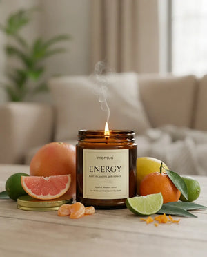 Monsuri ENERGY citrus grapefruit candle burning in its amber jar, surrounded by fresh grapefruit, lime, and mandarin on a light wood table.