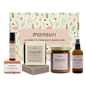 Comfort and care sympathy gift baskets with rose sandalwood candle, oatmeal honey soap, bath bomb and essential oil roller for bereavement gifts