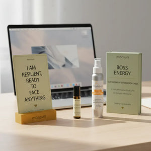 Empowerment gifts for women featuring affirmation cards wooden stand citrus aromatherapy spray portable essential oil roller