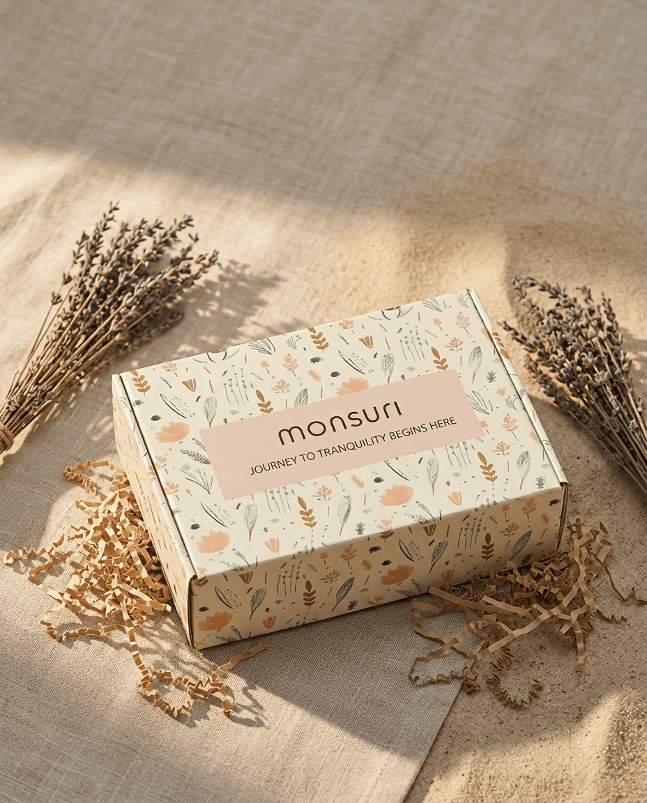 A Monsuri botanical gift box on soft linen with dried lavender, in warm golden-hour light.