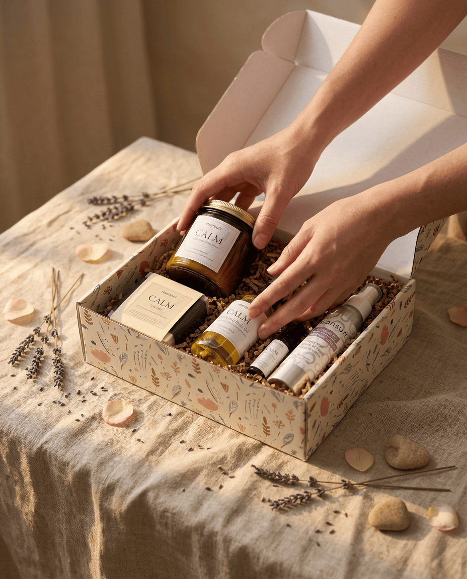 Hands placing hand-made Monsuri wellness products into a botanical kraft gift box with kraft shred.