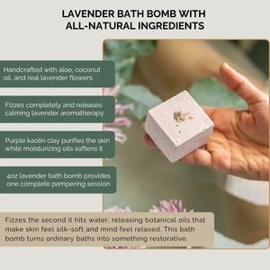 Lavender bath bomb with all-natural ingredients including coconut oil, cocoa butter, baking soda and pure lavender essential oils that fizze into water releasing botanicals and skin-softening minerals for spa-quality home bath experience