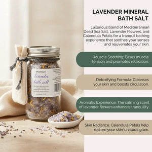 Lavender mineral bath salt jar with Mediterranean Dead Sea minerals that relaxes muscles.