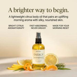 Monsuri ENERGY citrus nourishing body oil — a lightweight, fast-absorbing morning body oil that pairs uplifting Sicilian lemon and orange aromatherapy with silky, nourished skin.