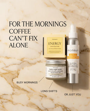For the mornings coffee can't fix alone - busy mornings, long shifts, or just you, with the three pieces on a marble surface