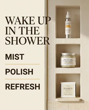 Wake up in the shower - mist, polish, refresh, with the spray, the scrub and the soap bar set in three tiled wall niches