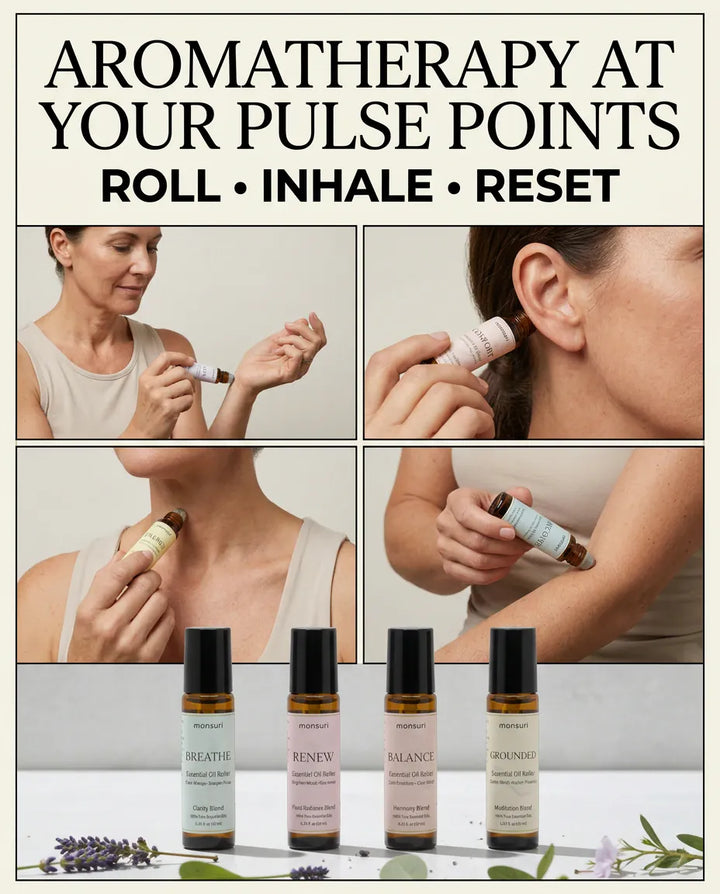 Aromatherapy at your pulse points - roll, inhale, reset: a woman applying a Monsuri roller to her wrist, behind the ear, at the collarbone and on the neck