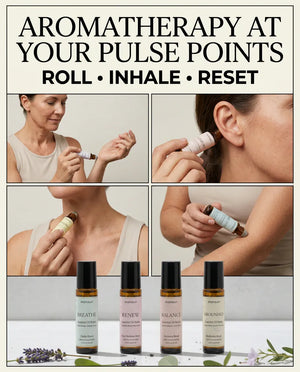 Aromatherapy at your pulse points - roll, inhale, reset: a woman applying a Monsuri roller to her wrist, behind the ear, at the collarbone and on the neck