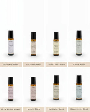 All eight Monsuri rollers shown individually and labelled: Relaxation, Cozy-Hug, Citrus Vitality, Clarity, Floral Radiance, Harmony, Meditation and Muscle-Reset blends