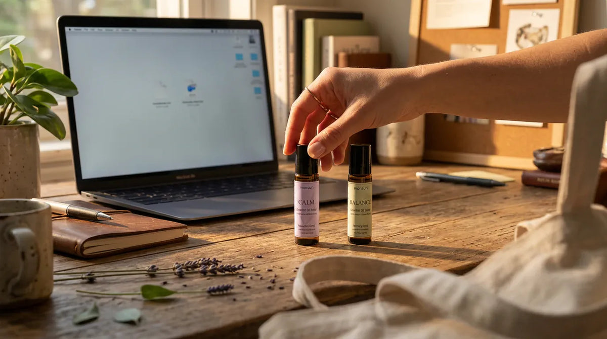 A hand reaching for the CALM and BALANCE rollers on a sunlit desk beside a notebook, a coffee and a tote bag