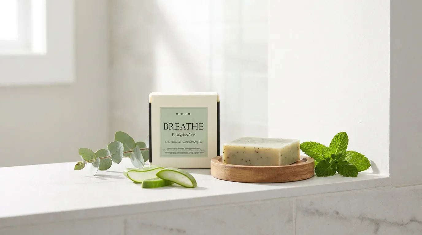 Eucalyptus Aloe soap bar with eucalyptus and aloe by a window — natural clarity soap bar