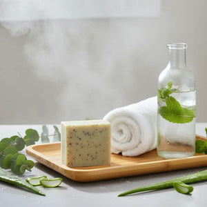 Eucalyptus peppermint soap bar on spa bath tray with natural botanicals and essential oil roller for morning shower routine and respiratory wellness