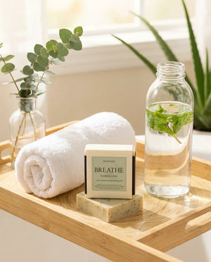 Eucalyptus Aloe soap box and bar on a bamboo bath tray — natural clarity soap bar
