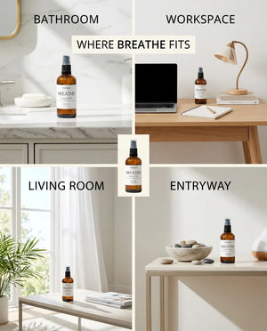 Four-room grid showing where the Monsuri BREATHE eucalyptus hydrosol fits: bathroom, workspace, living room, and entryway.
