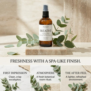 Monsuri BREATHE eucalyptus hydrosol on a stone tile with eucalyptus sprigs, labeled freshness with a spa-like finish: clean crisp eucalyptus, a fresh botanical room ritual, a lighter refreshed environment.