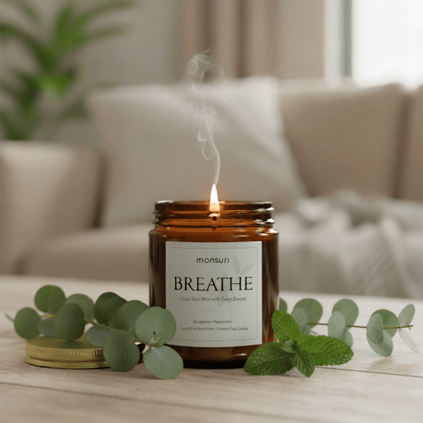 Eucalyptus peppermint candle in amber glass with brass lid burning on home living room table.