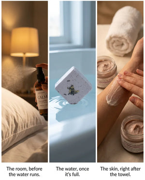 The evening in three steps: the room before the water runs, with the mist spritzed over the pillow; the water once it is full, with the bath bomb dropping in; and the skin right after the towel, with the body butter going on.