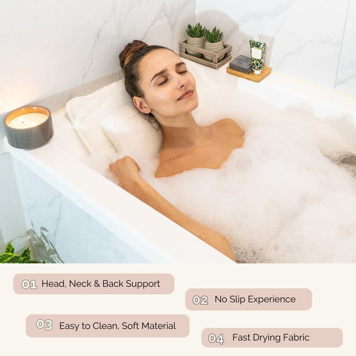 Monsuri's bath pillow for straight back tub providing exceptional comfort
