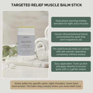 Targeted relief muscle balm stick with menthol and arnica for cooling comfort on sore muscles, incision areas and tension spots during recovery