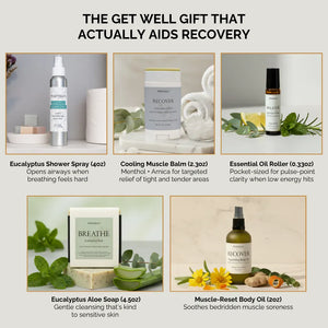 Get well gift set infographic showing five recovery products: eucalyptus shower spray, healing soap, arnica body oil, menthol balm stick and clarity roller for hospital recovery gifts