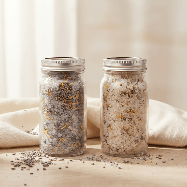 Two jars of lavender bath salt showing natural batch-to-batch colour variation